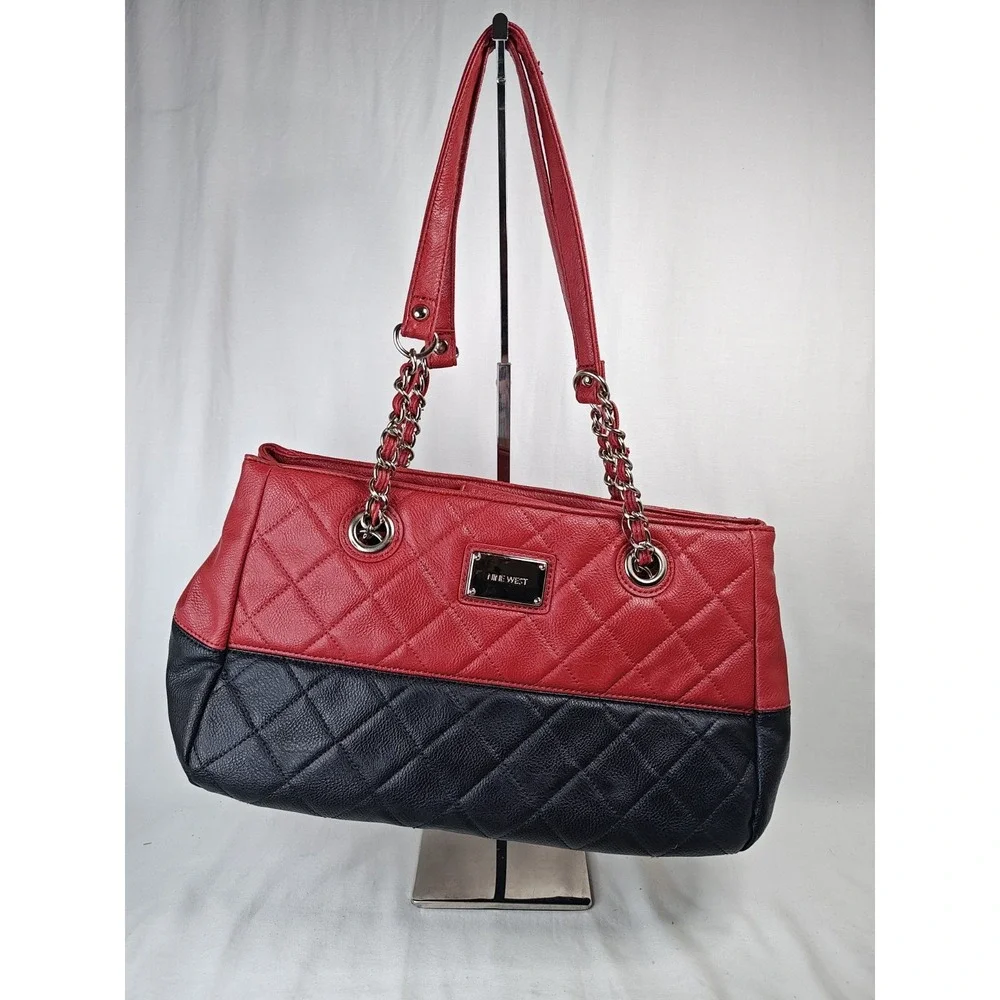 Nine West Quilted Colorblock Tote Purse Red Black Chain Strap NWT 60268715-F70